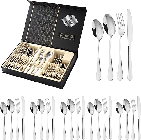 Stainless Steel 24-Piece Cutlery Set for 6 | Durable Flatware with Gift Box - Mirror Polished, Dishwasher Safe